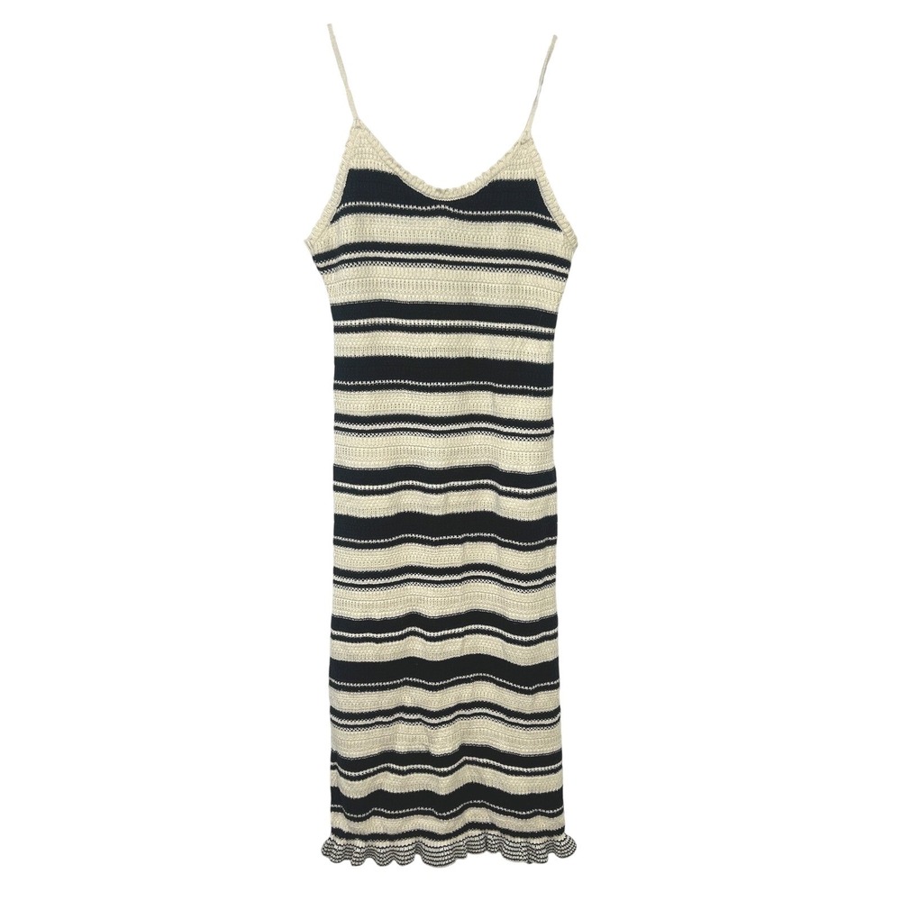 Striped Crochet Knit Dress L Black Cream Midi Slip 90s Romantic Beach Cover Up